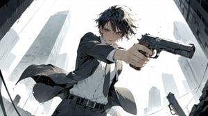 solo, looking at viewer, short hair, bangs, shirt, black hair, 1male,adult, holding, hair between eyes, jacket, white shirt, weapon, male focus, outdoors, necktie, belt, pants, holding weapon, black jacket, wet, gun, black pants, formal, suit, messy hair, holding gun, handgun, rain, city, aiming, aiming at viewer,best quality, masterpiece, beautiful and aesthetic, 16K resolution, HDR (1.4), high contrast