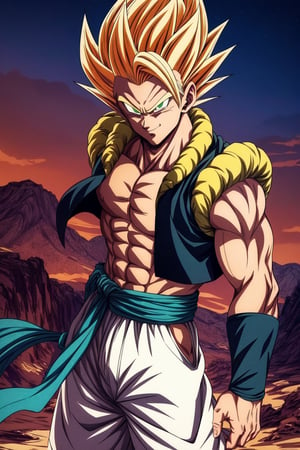 (masterpiece, best quality:1.2), , cowboy shot, solo, male focus, 1boy, gogeta, muscular male, smirk, looking at viewer,  yellow hair, green eyes, vest, blue sash, white pants, wristband, tail, pectorals