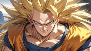 1boy,goku,super saiyan3,orange gi,Realistic,nijisuper,best quality, masterpiece, beautiful and aesthetic, 16K, (HDR:1.4),Goku,Super Saiyan 3.Blonde hair ,Long hair ,No eyebrows ,orange dougi,looking_at_viewer,smirk,green-eyes,closed_mouth