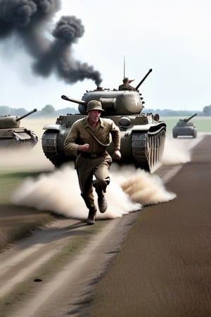 battle field, WW2, tanks, guns, man running