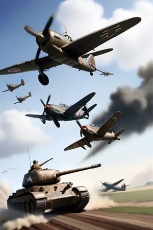 battle field, WW2, tanks, guns, man running, planes in sky bombing