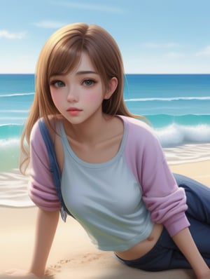 realistic, girl, beach, laying_down, watching water, with clothes, long pants, cool face