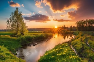 photo, (russia:0.7), nature, professional photo, beautiful atmosphere, spring, Lensflare, godrays, beautiful sunset, focus, picturesque landscape, fascinating landscape, beautifully constructed frame, beautiful photography, creative photo, realism, UHD 4K, beautiful clouds, beautiful sunset