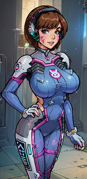(Teen girl:1.3), (caucasian girl:1.3), ((extremely beautiful and sexy girl)), (godess hot girl), hand on hip, looking at viewer, cowboy shot, d.va (overwatch), aahana, headphone, ((whisker markings)), shoulder pads, blue bodysuit, ribbed bodysuit, animal print, clothes writing, long sleeves, (white gloves), short brown hair, pixie haircut, seducing brown eyes, looking at viewer, freckles, smile, (cheeky), blushed, parted lips, (glossy lips:1.3), (gigantic breasts:1.3), wide hips, well sunlit, (masterpiece:1.5), (intricate details), best quality, (high resolution), (unity 8k wallpaper), (illustration:0.8), (beautiful detailed eyes:1.6), (extremely detailed face), (perfect lighting), (extremely detailed CG), ((perfect hands, perfect anatomy)),