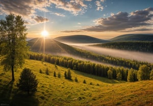 photo, (russia:0.9), nature, professional photo, beautiful atmosphere, spring, Lensflare, godrays, beautiful sunset, focus, picturesque landscape, fascinating landscape, beautifully constructed frame, beautiful photography, creative photo, realism, UHD 4K, beautiful clouds, beautiful sunset,photorealistic,Masterpiece, sharp focus, vivid, intricate, breathtaking, serene, magical, dreamy, mystical, outstanding, majestic, awe-inspiring, (Russian nature:0.9), hills, lush vegetation and trees, high definition image, nature of Eastern Europe,  cozy atmosphere of Russia