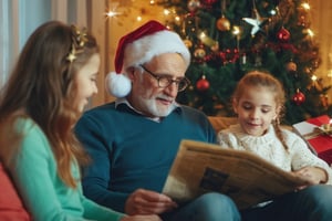 Russian family celebrating new year, grandfather reads newspaper in hat and glasses, brightly lit Christmas tree nearby, UHD, 4K, perfect illumination, soft lighting, realism, european, russia, home, russian home, room, soft lighting, cozy atmosphere, warm atmosphere, professional photo, family photo session, russian house, cinematic photo, photorealistic