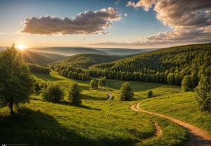 photo, (russia:0.9), nature, professional photo, beautiful atmosphere, spring, Lensflare, godrays, beautiful sunset, focus, picturesque landscape, fascinating landscape, beautifully constructed frame, beautiful photography, creative photo, realism, UHD 4K, beautiful clouds, beautiful sunset,photorealistic,Masterpiece, sharp focus, vivid, intricate, breathtaking, serene, magical, dreamy, mystical, outstanding, majestic, awe-inspiring, (Russian nature:0.9), hills, lush vegetation and trees, high definition image, nature of Eastern Europe,  cozy atmosphere of Russia