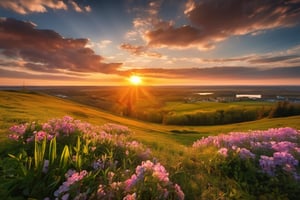 photo, (russia:0.7), nature, professional photo, beautiful atmosphere, spring, Lensflare, godrays, beautiful sunset, focus, picturesque landscape, fascinating landscape, beautifully constructed frame, beautiful photography, creative photo, realism, UHD 4K, beautiful clouds, beautiful sunset