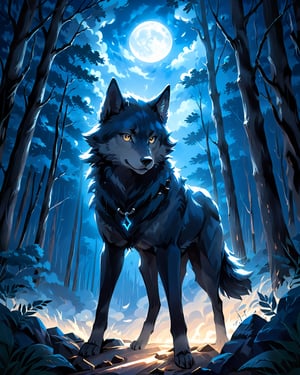 [Anime Poster] A warrior wolf with piercing eyes, full-body shot, cinematic poster style. Dark and blue theme, high-contrast colors. Dynamic pose, surrounded by a mysterious aura. Moonlit forest background, backlighting to enhance silhouette. Front view, wide-angle lens. In the style of renowned anime artist (((Makoto Shinkai))).