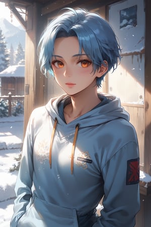 score_9, score_8_up, score_7_up, Capture a mid-body shot of the youthful boy with vibrant blue hair and striking orange eyes, warmly clad in a hoodie as he basks in the golden sunlight on a crisp winter day. Framed against a serene backdrop of soft, powdery snow, his figure is set amidst a quiet, idyllic atmosphere from just above waist-level.