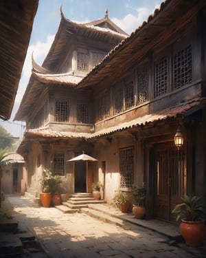 (Hyper realistic anime:1.4),(realism:1.2), (masterpiece, high quality:1.2), HDR, 8k, high resolution, 

Pencil sketch of an aesthetic old Bengali house, emphasizing the ornate jali work and sloping roofs. Use cross-hatching to bring out the unique texture of traditional materials. Convey a sense of cultural richness and heritage in the composition,

 (dynamic angle:1.2), (dynamic pose:1.2), with a focus on detailed facial expressions and flowing clothing, dynamic angle,(glossy texture:1.2).,more detail XL,photo r3al,monster,greg rutkowski