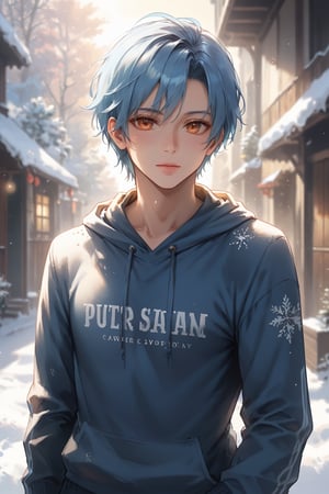 score_9, score_8_up, score_7_up, Capture a mid-body shot of the youthful boy with vibrant blue hair and striking orange eyes, warmly clad in a hoodie as he basks in the golden sunlight on a crisp winter day. Framed against a serene backdrop of soft, powdery snow, his figure is set amidst a quiet, idyllic atmosphere from just above waist-level.