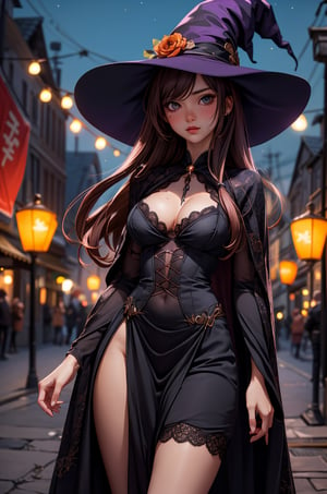 1anime girl, solo, beautiful sexy super model, 23 years old, sexy pony hair, sharp focus, high detail, 16k resolutions, photography, realism, cinematic, wearing witch costume,  night bokeh, old city and halooween background,