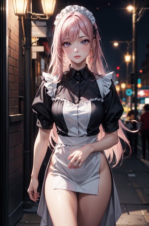masterpiece, Best Quality, photorealistic, ultra-detailed, finely detailed, high resolution, 8K resolutions, raw photo, realism, perfect body, 1hot Anime girl, solo, beautiful super model, 23 years old, pink long hair, big eyes, makeup, sharp-focus, cinematic, wearing hot maid costume, night bokeh and fantasy background, walking to camera,