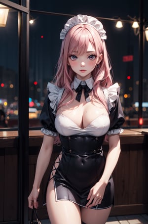 masterpiece, Best Quality, photorealistic, ultra-detailed, finely detailed, high resolution, 8K resolutions, raw photo, realism, perfect body, 1hot Anime girl, solo, beautiful super model, 23 years old, pink long hair, big eyes, makeup, sharp-focus, cinematic, wearing hot maid costume, night bokeh and fantasy background, walking to camera,