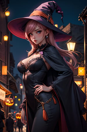 1anime girl, solo, beautiful sexy super model, 23 years old, sexy pony hair, sharp focus, high detail, 16k resolutions, photography, realism, cinematic, wearing witch costume,  night bokeh, old city and halooween background,