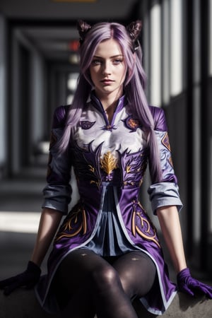 ((keqingdef)) ((doctor clothing)), ((keqing hair:1.4)), sitting, ray tracing, realistic lighting, texture, photorealistic, purple hair, radiant purple eyes, thin face, hyperalistic| hospital background| depth of field, bokeh, | smooth detailed shadows, hyperealistic shadows| 