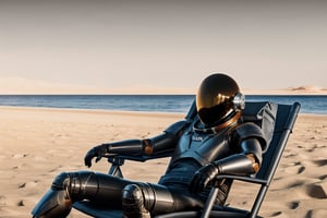 cinematic light, (1astronaut in futuristic armor black suit in beach chair in mars) | ray tracing | realistic texturing | texture | ultra high definition | human proportions | (planet earth in the background)