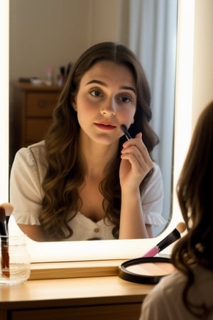 true, a girl in front of a dresser and mirror applying makeup on her face | real object, real objects, realistic human body, realistic human hands | realistic lighting, depth of field, realistic shadows, realistic reflection, photorealistic texture



