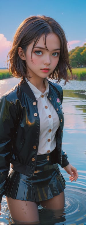 masterpiece, best quality, ultra-detailed, 1girl, beautiful detailed eyes, detailed wet clothes, blank stare, floating, beautiful detailed sky, on beautiful detailed water, dynamic angle, overexposure, illustration, aanobara, short hair, (black jacket:1.2), buttons, long sleeves, black skirt, high-waist skirt, black pantyhose,aw0k euphoric style,Extremely Realistic