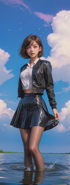 masterpiece, best quality, ultra-detailed, 1girl, beautiful detailed eyes, detailed wet clothes, blank stare, floating, beautiful detailed sky, on beautiful detailed water, dynamic angle, overexposure, illustration, aanobara, short hair, (black jacket:1.2), buttons, long sleeves, black skirt, high-waist skirt, black pantyhose,aw0k euphoric style,Extremely Realistic