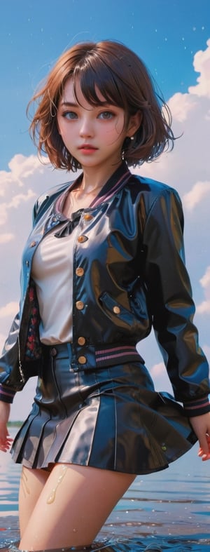 masterpiece, best quality, ultra-detailed, 1girl, beautiful detailed eyes, detailed wet clothes, blank stare, floating, beautiful detailed sky, on beautiful detailed water, dynamic angle, overexposure, illustration, aanobara, short hair, (black jacket:1.2), buttons, long sleeves, black skirt, high-waist skirt, black pantyhose,aw0k euphoric style,Extremely Realistic