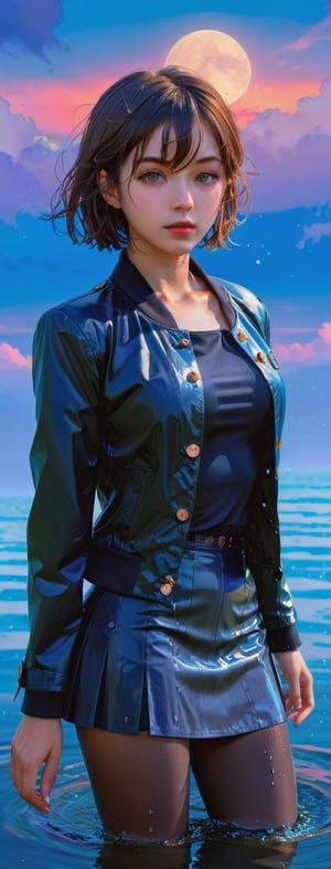 masterpiece, best quality, ultra-detailed, 1girl, beautiful detailed eyes, detailed wet clothes, blank stare, floating, beautiful detailed sky, on beautiful detailed water, dynamic angle, overexposure, illustration, aanobara, short hair, (black jacket:1.2), buttons, long sleeves, black skirt, high-waist skirt, black pantyhose,aw0k euphoric style,Extremely Realistic