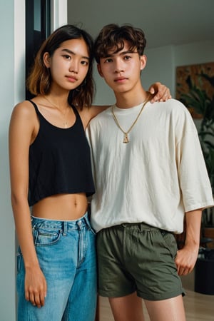 Realistic cinematic amateur photo posted to facebook, Handsome Young tomboy with boyfriend ,(condo) ,Fujifilm XT3, Canon R5 , 1980s