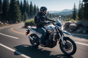 (realistic) professional photography of a Aomine Daiki , riding ba motorcycle honda xadv 350 2022 , UHD, perfect white balance, Canon EOS R6, Prime lens photography, perfectly balanced dim lighting, Real human, White balance, Sharp details , unreal engine 5