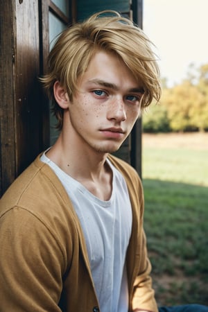 shot by Sony a7 IV Mirrorless Camera, natural light, analog film photo, Kodachrome ,Photo of a 20 years old boy with brown eyes, blonde hair, deeply depressed expression, with some freckles

