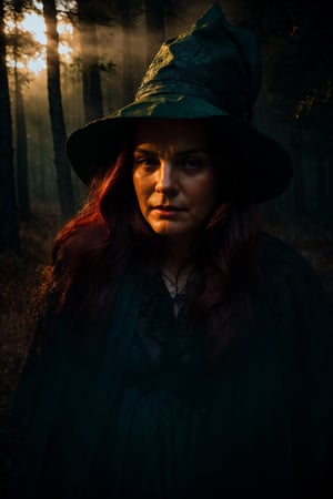 Realistic photography , Beautiful Red Witch in the Darkness Forest, (mist effects:1.2) Close up Portrait