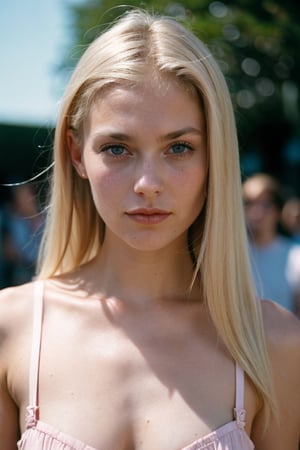 Elegant Minimalistic Photography, 1990s, beautiful Finnish wearing a pink babydoll dress, busy LA street on a summer day, Natural Lighting, chaos, minimalist, close-up portrait photo, shot on Portra 400.