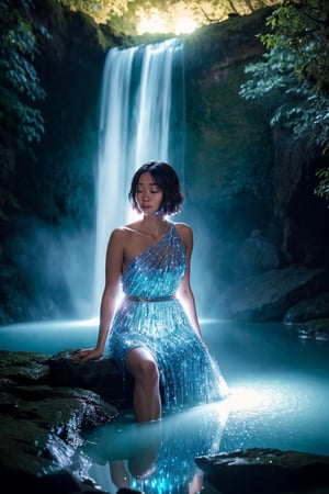 shot by Sony a7 IV Mirrorless Camera, natural light, analog film photo, Kodachrome ,in a magical crystal world , a woman is sitting near a waterfall on a full moon night , sparkling and glittering glowing particles in the air , soft bluish glow