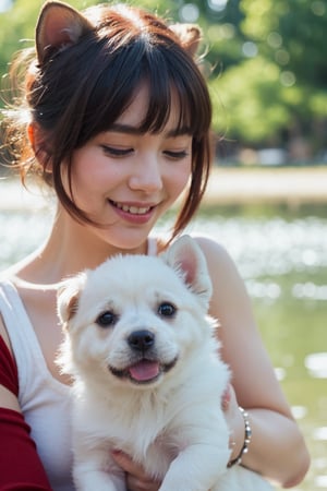 Close-up shot of a charming puppy with vibrant red fur holding a bouquet of delicate white flowers beside a serene riverbank. A tiny companion dog sits by her side, adding to the whimsical atmosphere. Soft sunlight casts a warm glow on the scene, illuminating the puppy's joyful expression and the gentle ripples in the water.
