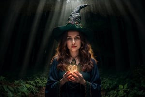 A (((Hopeless Witch))) with powers emanating from her heart, amidst a (((dark forest))), where intricate paper folding for (paper origami) comes together with (backlighting) to create a (mystical atmosphere), accented by a (glowing heart) and a (detailed forest backdrop) with (ethereal lighting)
