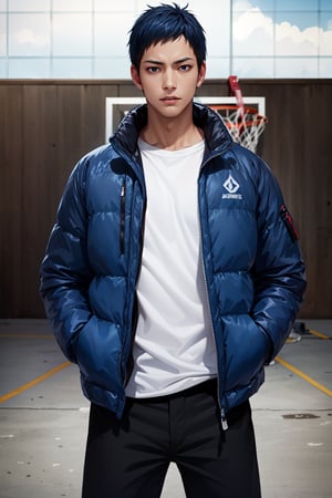 (masterpiece, best quality:1.2), , cowboy shot, solo, male focus, 1boy, aomine daiki, muscular, serious, closed mouth, hands in pockets, dark blue hair, puffer jacket, down jacket, basketball court
