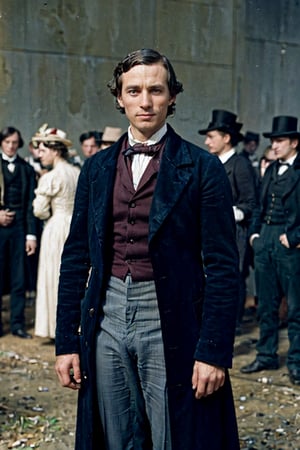 raw ,photorealistic color photo , 1850s , solo handsome men clothes, standing in crowd at party