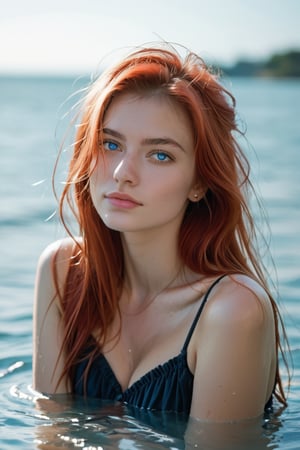 score_9, score_8_up, score_7_up, score_6_up, Leica photo of Red hair Female, an extremely wealthy 28-year-old Swedish doctor with pale skin, big blue eyes, and long, luscious blonde hair, in the water, looking at the camera