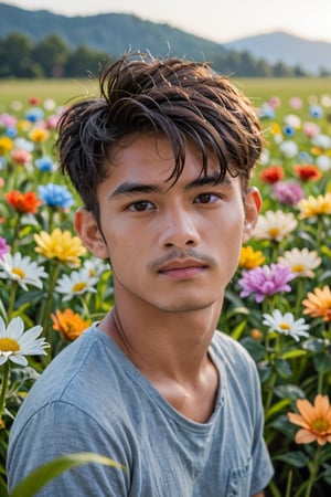 score_9, score_8_up, score_7_up, score_6_up, score_5_up, score_4_up, front view, happy stunning Handsome Thai Men with curly  dark hair, wearing blue clothes sit in a beautiful field of flowers, colorful flowers everywhere, some blue and orange butterflies, perfect lighting, leica summicron 35mm f2.0, Kodak Portra 400, film grain