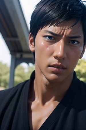 (Realistic:1.4), Handsome Aomine Daiki (dark skintone:1.0) , Forced to cry, Labor uniform