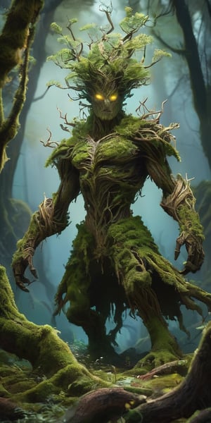 A towering, treemancer composed of gnarled branches and glowing moss. Fights a robot.
