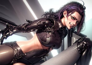 (masterpiece, best quality), hotpants with open zipper and button, cropped, sexy posing, goth crop top, cropped, verry long glowing neon colored hair, messy hair, big bright eyes, a pretty face with a nasty grin, a small nose and freckles,jensenDX