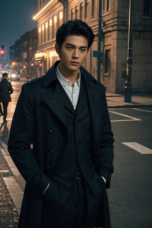 (masterpiece:1.35),(bestquality:1.4),8k,ultra-detailed,photography,(ultra-realistic:1.4),Art Composition,1boy,solo,male_focus,asian slim male,trench coat,pants,black hair,shot_hair,on the street,cinematic still,emotional,harmonious,vignette,highly detailed,high budget,bokeh,cinemascope,moody,epic,gorgeous,film grain,grainy,global illuminations,Ambient lighting,