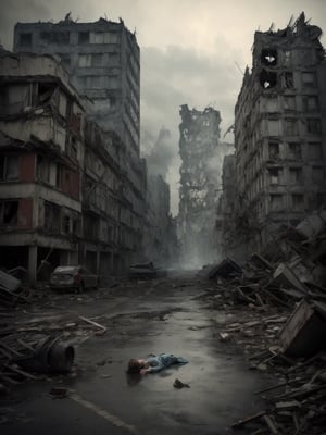 ((masterpiece)),((best quality)), 8k, high detailed, ultra-detailed, Alice in Wonderland, surreal, fantasy, war, Poland, World War II, distressed, damaged buildings, collapsed streets, smoke, scared, hiding, broken doll, dreamlike, dark, intense emotions, historical, atmospheric, realistic, haunting, despair, confusion, fear, chaos, surrealism, dream, escape, journey, powerful, emotional, evocative, vibrant colors, dramatic lighting