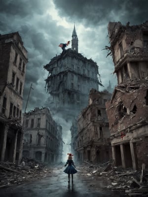 ((masterpiece)),((best quality)), 8k, high detailed, ultra-detailed, Alice in Wonderland, surreal, fantasy, war, Poland, World War II, distressed, damaged buildings, collapsed streets, smoke, scared, hiding, refugee, mad hatter, March hare, dormouse, tea party, whimsical, magical, dreamlike, dark, intense emotions, historical, atmospheric, realistic, haunting, despair, confusion, fear, chaos, surrealism, dream, escape, journey, powerful, emotional, evocative, vibrant colors, dramatic lighting
