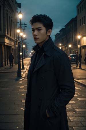 (masterpiece:1.35),(bestquality:1.4),8k,ultra-detailed,photography,(ultra-realistic:1.4),Art Composition,1boy,solo,male_focus,asian slim male,trench coat,pants,black hair,shot_hair,on the street,cinematic still,emotional,harmonious,vignette,highly detailed,high budget,bokeh,cinemascope,moody,epic,gorgeous,film grain,grainy,global illuminations,Ambient lighting,