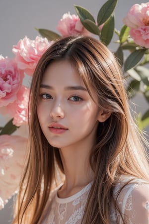 Closeup portrait of a beautiful girl with long flowing hair, surrounded by paradisiacal pink peonies with transparent petals, glowing in the background. Dreamlike and ethereal atmosphere, soft lighting and intricate details. Art inspired by John Singer Sargent's portraits and Claude Monet's use of light in his paintings. (Realistic oil painting style)