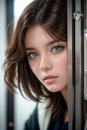 A close-up shot captures the defiant spirit of a stunning female prisoner, her long hair tangled amidst the metal grates of her cell door. Her piercing green eyes flash with determination as she gazes directly at the camera, soft focus and warm lighting highlighting her porcelain skin and full lips. The rusty bars of her cell door create a striking contrast in the background, a testament to her unyielding resolve.