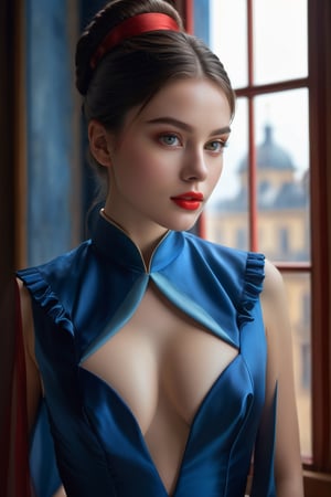 (Best Quality, 4K, 8K, High Resolution, Masterpiece: 1.2), (Super Detailed, Realistic, Photorealistic:1.37)A captivating young girl, donning a striking ensemble of red and blue, stands before a window with an air of toughness and determination. Her enchanting eyes are exquisitely detailed, capturing every glimmer and depth, while her lips boast a meticulous beauty that is both captivating and alluring. The level of detail extends to her entire face, each contour and feature meticulously rendered to perfection, creating a sense of hyper-realism that draws the viewer in. 

The girl's attire, reminiscent of oil painting art, is a work of art in itself. The fabric, skillfully crafted to resemble vibrant brushstrokes, adds a touch of dynamism to her overall appearance. It is a true reflection of the artist's talent, showcasing a mastery, (NSFW:1.5), Chignon hairstyle, (beautiful nipples:1.2)