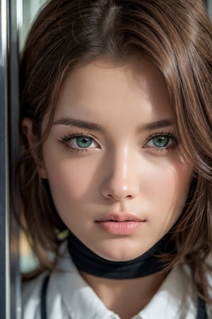 A close-up shot captures the defiant spirit of a stunning female prisoner, her long hair tangled amidst the metal grates of her cell door. Her piercing green eyes flash with determination as she gazes directly at the camera, soft focus and warm lighting highlighting her porcelain skin and full lips. The rusty bars of her cell door create a striking contrast in the background, a testament to her unyielding resolve.